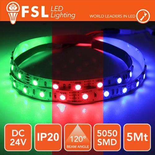 Striscia LED 5m IP20 5050 24V - 12W/m 60led/m RGB