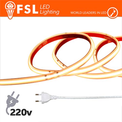 Striscia LED COB 5metri - IP65 3000K 220V 15W/m 1200lm/m+KIT tappo, colla, clip