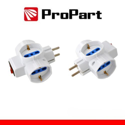 Adattatore 3 prese 2P+T 10/16A bipasso/Schuko con interrutt. Spina Schuko