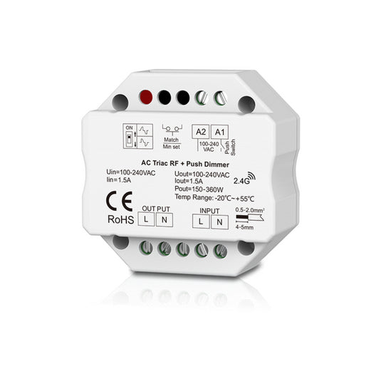 Dimmer LED 1 Canale RF 2.4G + Push 230V  Taglio di Fase Leading/Trailing